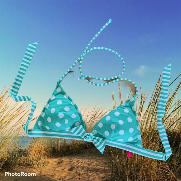 Victoria Secret Bikini Top Swimsuit Polka Dot Medium Green White  Tie Back - Picture 12 of 16